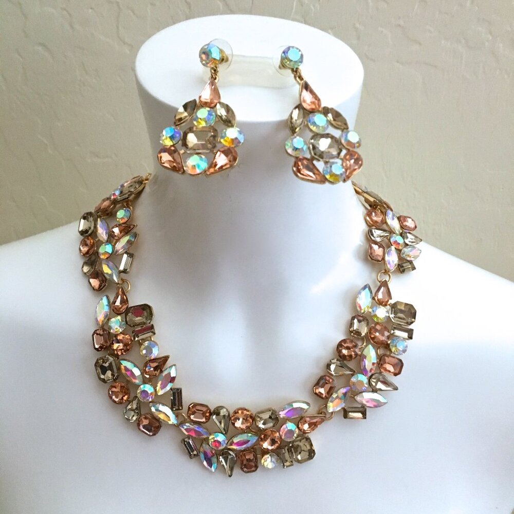 Couture Rhinestone Necklace Pierced Dangle Earrings Jewelry Set NEW from Greece